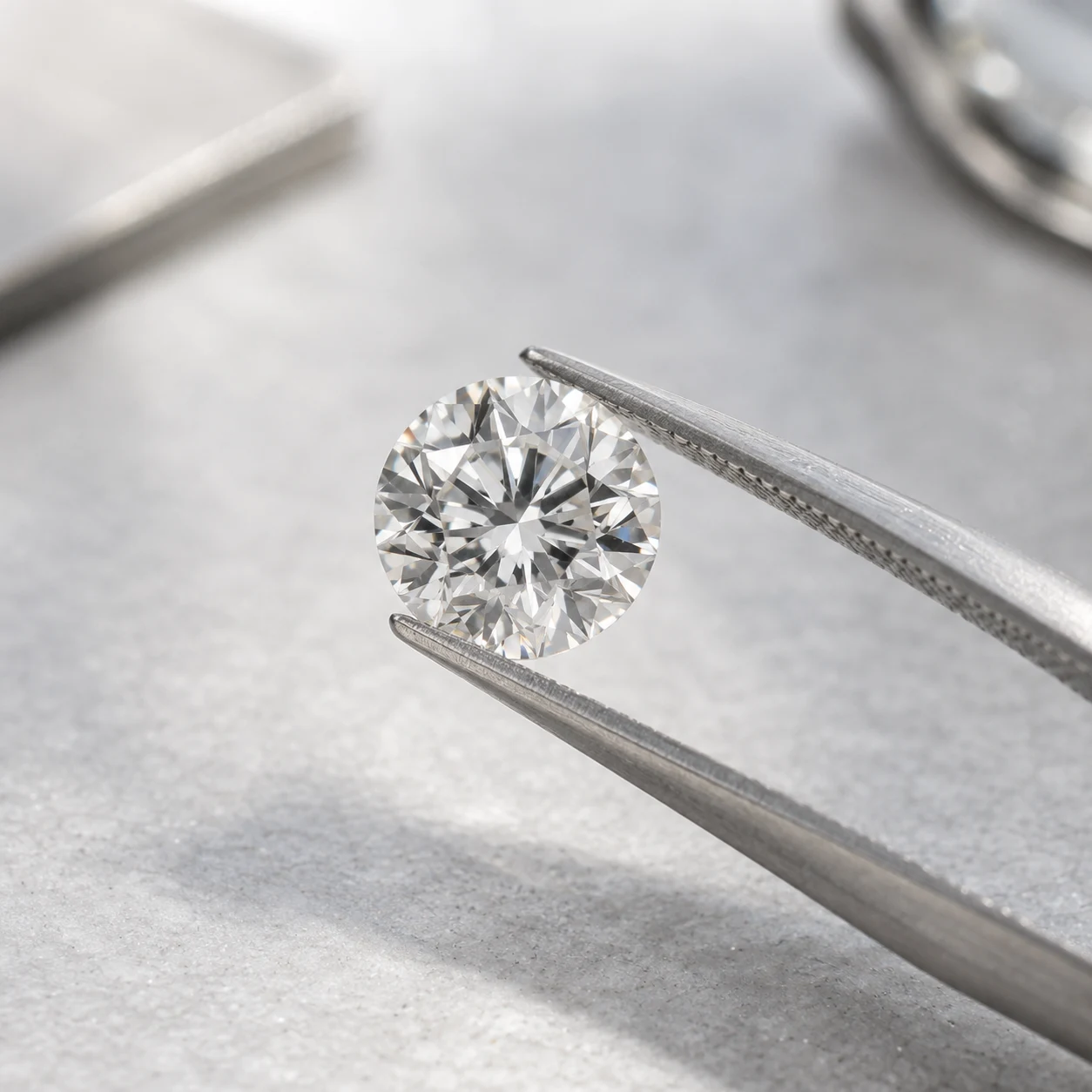A round brilliant diamond held in jeweller’s tweezers for a close inspection